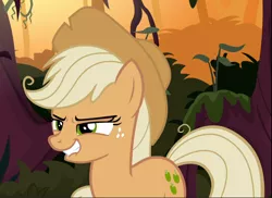 Size: 1292x939 | Tagged: safe, derpibooru import, screencap, mean applejack, pony, the mean 6, amused, clone, cropped, lip bite, narrowed eyes, smiling, solo