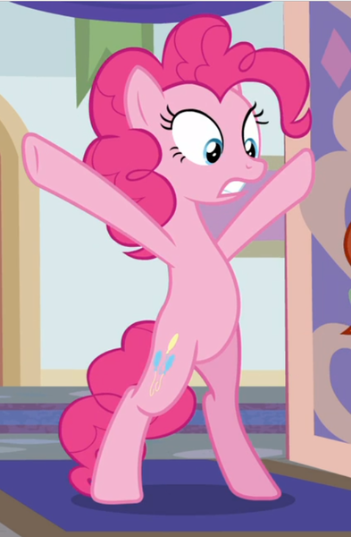 Size: 550x839 | Tagged: safe, derpibooru import, screencap, pinkie pie, earth pony, pony, the mean 6, bipedal, cropped, female, hooves in air, mare, solo, underhoof, x pose