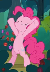 Size: 433x621 | Tagged: safe, derpibooru import, screencap, pinkie pie, earth pony, pony, the mean 6, bipedal, cropped, eyes closed, female, hooves in air, mare, solo, x pose