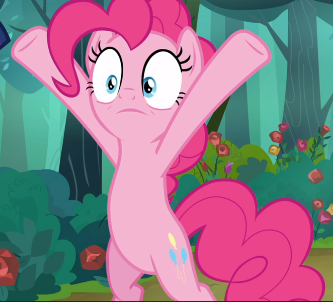 Size: 1037x940 | Tagged: safe, derpibooru import, screencap, pinkie pie, earth pony, pony, the mean 6, bipedal, cropped, female, hooves in air, mare, raised hoof, shrunken pupils, solo, x pose