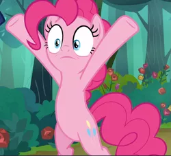 Size: 1037x940 | Tagged: safe, derpibooru import, screencap, pinkie pie, earth pony, pony, the mean 6, bipedal, cropped, female, hooves in air, mare, raised hoof, shrunken pupils, solo, x pose