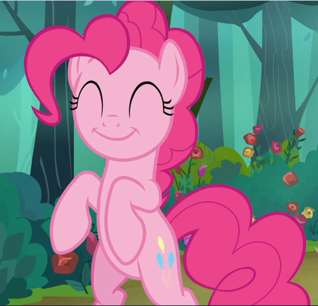 Size: 978x941 | Tagged: safe, derpibooru import, screencap, pinkie pie, earth pony, pony, the mean 6, bipedal, cropped, cute, cutie mark, diapinkes, everfree forest, eyes closed, female, mare, smiling, solo