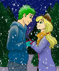 Size: 2703x3273 | Tagged: applejack, applespike, artist:bellbell123, clothes, coat, cute, derpibooru import, female, high res, holding hands, human, humanized, looking at each other, male, mittens, profile, safe, scarf, shipping, snow, snowfall, spike, straight, winter, winter outfit