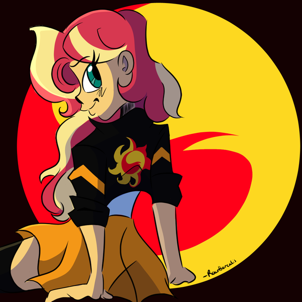 Size: 1200x1200 | Tagged: safe, artist:roarborealis-art, derpibooru import, sunset shimmer, equestria girls, abstract background, beautiful, clothes, cute, cutie mark background, female, jacket, leather, leather jacket, miniskirt, profile, shimmerbetes, sitting, skirt, socks, solo, thigh highs