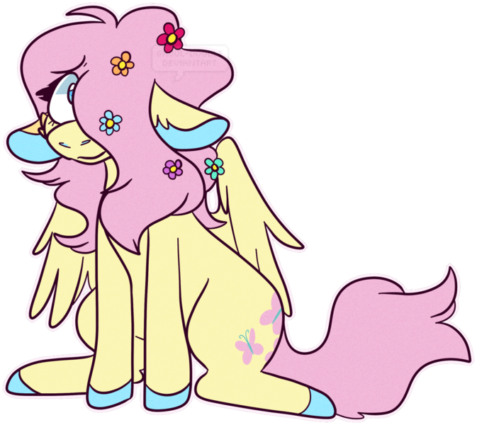 Size: 1280x1142 | Tagged: safe, artist:ghoul--doodle, derpibooru import, fluttershy, pegasus, pony, floppy ears, flower, flower in hair, simple background, solo, transparent background