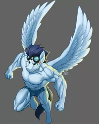 Size: 1701x2125 | Tagged: abs, anthro, artist:ponyanony, clothes, derpibooru import, goggles, male, muscles, partial nudity, pecs, serious, serious face, shorts, soarin', soaripped, solo, solo male, suggestive, swolin', topless, unguligrade anthro