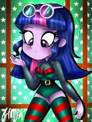 Size: 1536x2048 | Tagged: safe, artist:artmlpk, derpibooru import, sci-twi, twilight sparkle, equestria girls, adorkable, alternate hairstyle, belt, blushing, christmas, clothes, costume, cute, design, dork, elf costume, female, glasses, holiday, looking down, socks, solo, striped socks, thigh highs, thigh socks, twiabetes