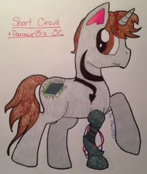 Size: 1080x1275 | Tagged: safe, derpibooru import, oc, oc:short circuit, pony, unicorn, photo, robotic arm, solo, tattoo, traditional art