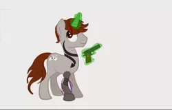 Size: 640x410 | Tagged: safe, derpibooru import, oc, oc:short circuit, pony, unicorn, gun, m1911, magic, robotic arm, simple background, solo, tattoo, weapon, white background