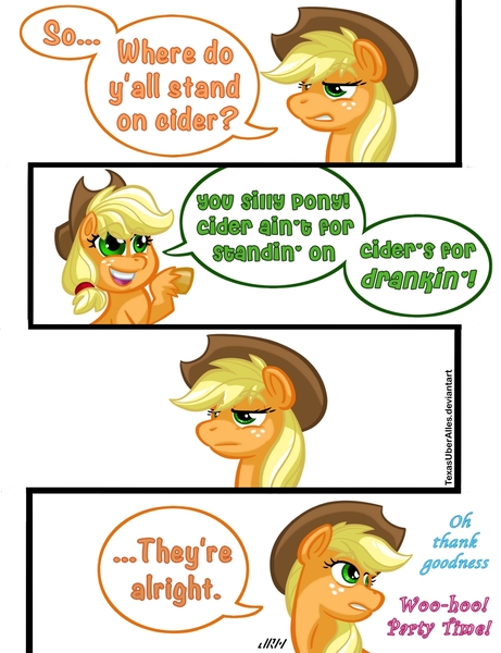 Size: 1000x1301 | Tagged: safe, artist:texasuberalles, derpibooru import, applejack, earth pony, pony, my little pony: pony life, 4 panel comic, 4koma, chibi, colored hooves, comic, cowboy hat, female, generational ponidox, hat, implied pinkie pie, implied rarity, mare, simple background, skeptical, speech bubble, that pony sure does love cider, unshorn fetlocks, white background