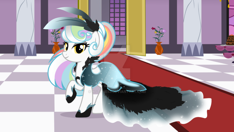 Size: 1600x900 | Tagged: safe, artist:nstone53, derpibooru import, oc, oc:prism palette, earth pony, pony, clothes, dress, feather, female, gala dress