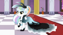 Size: 1600x900 | Tagged: safe, artist:nstone53, derpibooru import, oc, oc:prism palette, earth pony, pony, clothes, dress, feather, female, gala dress