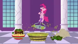 Size: 1920x1080 | Tagged: safe, derpibooru import, screencap, pinkie pie, earth pony, pony, between dark and dawn, avocado, bipedal, chips, eyes closed, female, food, guacamole, mare, open mouth, pogo stick, solo, tortilla chips