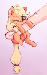 Size: 1080x1736 | Tagged: safe, artist:buttersprinkle, derpibooru import, applejack, human, pony, appletini, colored sketch, cute, finger, hand, hang in there, hanging, jackabetes, micro, offscreen character, offscreen human, simple background, solo, tiny, tiny ponies, traditional art