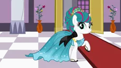 Size: 1024x576 | Tagged: safe, artist:nstone53, derpibooru import, oc, oc:pinkie rose, pony, unicorn, clothes, deviantart watermark, dress, female, gala dress, obtrusive watermark, watermark