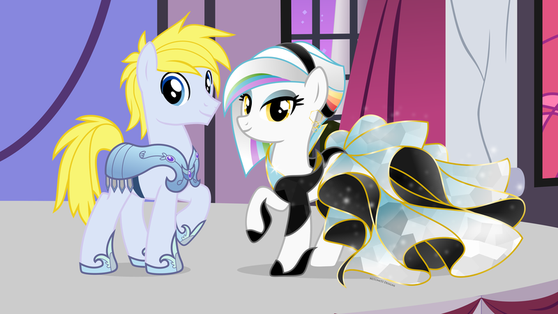 Size: 4800x2700 | Tagged: safe, artist:nstone53, derpibooru import, oc, oc:goldbane, oc:prism palette, earth pony, pony, armor, clothes, crystal armor, dress, female, gala dress, male, straight