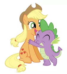 Size: 750x826 | Tagged: artist needed, safe, derpibooru import, edit, editor:undeadponysoldier, applejack, spike, dragon, earth pony, pony, applespike, cute, female, freckles, happy, hat, hug, jackabetes, male, mare, shipping, simple background, spikabetes, straight, white background