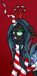 Size: 927x1879 | Tagged: artist:heartshielder1991, candy, candy cane, changeling, changeling queen, christmas, christmas changeling, christmas wreath, clothes, crown, derpibooru import, ear piercing, earring, female, floppy ears, food, gritted teeth, grumpy, holiday, horn sock, jewelry, piercing, queen chrysalis, queen chrysalis is not amused, red background, regalia, safe, simple background, solo, unamused, wreath