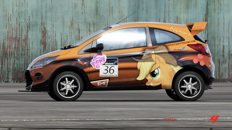 Size: 1024x576 | Tagged: applejack, car, cowboy hat, cutie mark, derpibooru import, ford, ford ka, forza motorsport 4, game screencap, hat, itasha, my little pony logo, race, racer, safe, video game