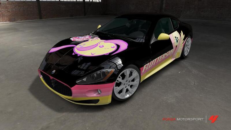 Size: 900x507 | Tagged: safe, derpibooru import, fluttershy, pony, car, female, forza motorsport 4, game screencap, itasha, mare, maserati, maserati granturismo, video game, wings