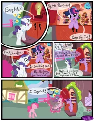 Size: 3500x4500 | Tagged: safe, artist:becauseimpink, derpibooru import, pinkie pie, rarity, twilight sparkle, earth pony, pony, unicorn, comic:transition, book, bookcase, bubble berry, candle, comic, dialogue, dusk shine, elusive, eyes closed, glowing horn, golden oaks library, horn, knocking, magic, male, ponyville, raised hoof, rule 63, stallion, telekinesis, transgender