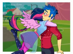 Size: 2407x1800 | Tagged: safe, artist:ro994, derpibooru import, flash sentry, sci-twi, twilight sparkle, cheer you on, equestria girls, equestria girls series, spoiler:eqg series (season 2), blushing, clothes, female, flashlight, hug, male, ponied up, sciflash, scitwilicorn, shipping, straight, watermark, wings