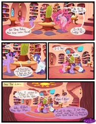 Size: 3500x4500 | Tagged: safe, artist:becauseimpink, derpibooru import, pinkie pie, rarity, twilight sparkle, pony, unicorn, comic:transition, book, bookcase, bubble berry, comic, cup, dialogue, dusk shine, elusive, glowing horn, golden oaks library, horn, magic, male, rule 63, sitting, stallion, telekinesis, transgender