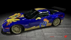 Size: 900x507 | Tagged: safe, derpibooru import, part of a set, spitfire, pony, car, chevrolet, chevrolet corvette, corvette c6, corvette c6 z06, female, forza motorsport 4, game screencap, itasha, mare, video game, wings, wonderbolts