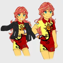 Size: 3582x3582 | Tagged: safe, artist:dragonemperror2810, derpibooru import, sunset shimmer, human, equestria girls, clothes, crossover, eye clipping through hair, fiery shimmer, fire type, gym leader, high res, jacket, nintendo, open mouth, pokemon sword and shield, pokémon, smiling, solo, sunshine shimmer