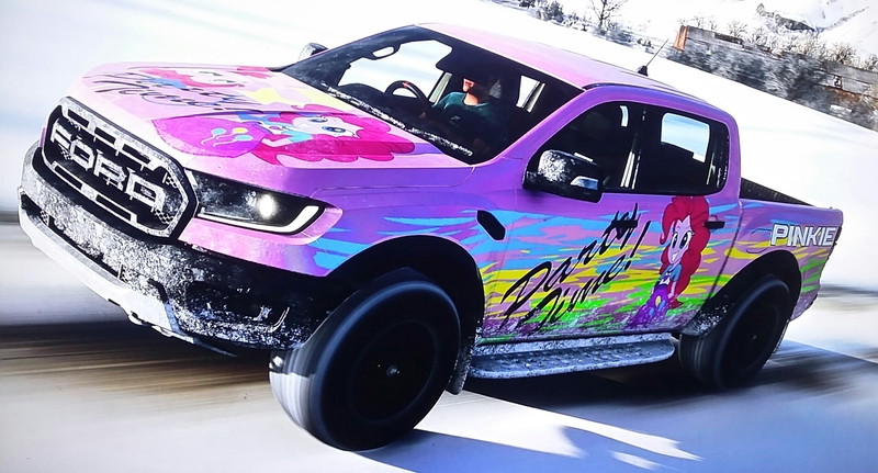 Size: 1904x1026 | Tagged: safe, artist:pabrony83, derpibooru import, pinkie pie, equestria girls, cutie mark, ford, ford ranger, ford ranger raptor, forza horizon 4, game screencap, mountain, snow, truck, video game