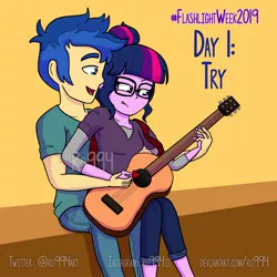 Size: 2313x2313 | Tagged: safe, artist:ro994, derpibooru import, flash sentry, sci-twi, twilight sparkle, equestria girls, equestria girls series, clothes, female, flashlight, glasses, guitar, guitar pick, holding hands, jeans, male, musical instrument, open mouth, pants, sciflash, shipping, shirt, sitting, sitting on person, straight, tongue out, watermark