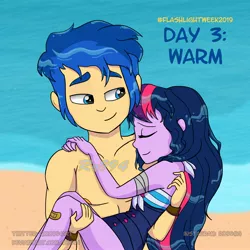 Size: 2232x2232 | Tagged: safe, artist:ro994, derpibooru import, flash sentry, sci-twi, twilight sparkle, equestria girls, equestria girls series, bandaid, beach, blue swimsuit, bridal carry, carrying, clothes, female, flashlight, lifeguard, male, ocean, one-piece swimsuit, partial nudity, sciflash, shipping, straight, striped swimsuit, swimsuit, topless, tricolor swimsuit, watermark, wet, wristband