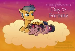 Size: 3000x2037 | Tagged: safe, artist:ro994, derpibooru import, flash sentry, twilight sparkle, twilight sparkle (alicorn), alicorn, pegasus, pony, cloud, female, flashlight, male, mare, prone, shipping, sleeping, stallion, straight, watermark