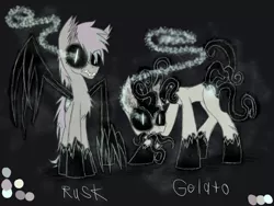 Size: 1600x1200 | Tagged: safe, artist:didun850, derpibooru import, oc, oc:gelato, oc:rusk, unofficial characters only, earth pony, pony, black sclera, chest fluff, claws, dark background, duo, earth pony oc, glowing horn, horn, possessed, reference sheet, slit eyes, sombra eyes, tentacle tail, tentacle tongue, tentacles