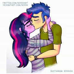 Size: 2990x2990 | Tagged: safe, artist:ro994, derpibooru import, flash sentry, sci-twi, twilight sparkle, equestria girls, equestria girls series, blushing, clothes, female, flashlight, glasses, kissing, male, sciflash, shipping, shirt, simple background, straight, striped shirt, white background, wristband
