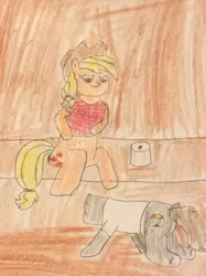 Size: 772x1034 | Tagged: suggestive, artist:snipiper, derpibooru import, applejack, oc, oc:flaming frets, earth pony, pony, but why, female, implied pissing, implied pooping, implied scat, male, mare, outhouse, toilet, toilet paper, traditional art, urine