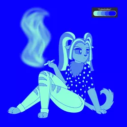 Size: 2250x2250 | Tagged: suggestive, artist:suchosophie, derpibooru import, aria blaze, anthro, equestria girls, cigarette, claws, crossed legs, fur, furry, limited palette, paws, selkie, sitting, smoke, smoking, solo, species swap