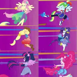 Size: 1080x1080 | Tagged: safe, derpibooru import, applejack, fluttershy, pinkie pie, rainbow dash, rarity, sci-twi, twilight sparkle, cheer you on, equestria girls, equestria girls series, spoiler:eqg series (season 2), boots, clothes, cowboy hat, gloves, hat, humane five, humane six, jacket, ponied up, shirt, shoes, skirt, transformation, trousers, wings