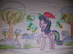 Size: 2880x2160 | Tagged: safe, artist:johng15, derpibooru import, starlight glimmer, pony, unicorn, bell, christmas, clothes, hat, holiday, jingle bells, santa hat, scarf, snow, solo, traditional art