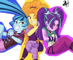 Size: 2165x1772 | Tagged: safe, artist:animana21, derpibooru import, adagio dazzle, aria blaze, sonata dusk, equestria girls, rainbow rocks, angry, blushing, falling, grin, one eye closed, pigtails, ponytail, simple background, smiling, the dazzlings, twintails