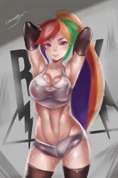 Size: 1086x1636 | Tagged: abs, alternate hairstyle, arm behind head, armpits, artist:bunsogen, belly button, big breasts, breasts, busty rainbow dash, cameltoe, clothes, derpibooru import, digital art, edit, erect nipples, female, gloves, half length, high ponytail, human, humanized, latex, long gloves, nipple outline, rainbow dash, signature, socks, solo, solo female, stupid sexy rainbow dash, suggestive, sweat, thigh highs, trace