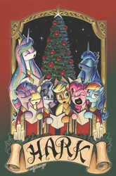 Size: 1186x1800 | Tagged: safe, artist:andypriceart, derpibooru import, edit, idw, applejack, fluttershy, pinkie pie, princess celestia, princess luna, rainbow dash, rarity, twilight sparkle, twilight sparkle (alicorn), alicorn, earth pony, pegasus, unicorn, spoiler:comic, spoiler:comicholiday2019, candle, christmas, christmas tree, cover, eyeroll, eyes closed, eyeshadow, hark, holiday, hoof hold, makeup, mane six, open mouth, ornament, scroll, tree