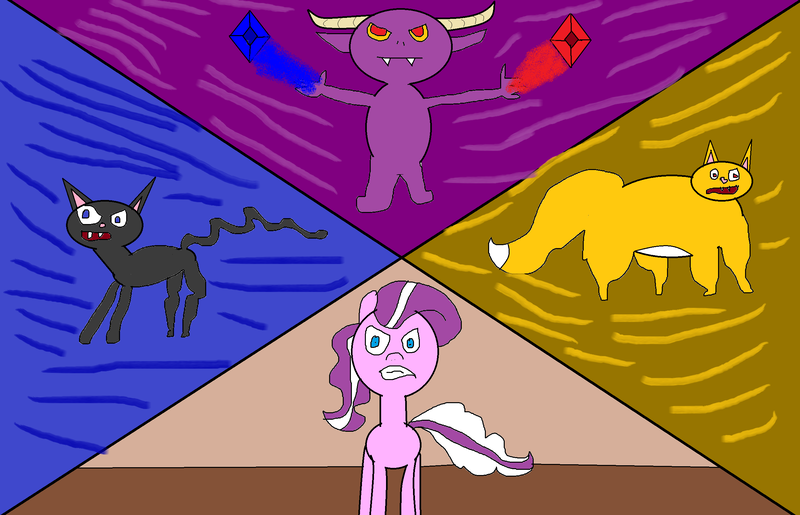 Size: 2460x1584 | Tagged: safe, artist:coltfan97, derpibooru import, diamond tiara, oc, oc:dazzle, oc:il, oc:peal, cat, earth pony, imp, pony, 1000 hours in ms paint, colored, flat colors, gemstones, low quality