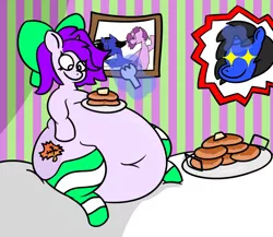 Size: 676x586 | Tagged: suggestive, artist:thiccdawgz, derpibooru import, oc, unofficial characters only, pony, unicorn, bed, belly button, blind, bow, clothes, eating, fat, feeding, food, fork, magic, morbidly obese, obese, pancakes, plate, sitting, socks, striped socks, stripes, weight gain