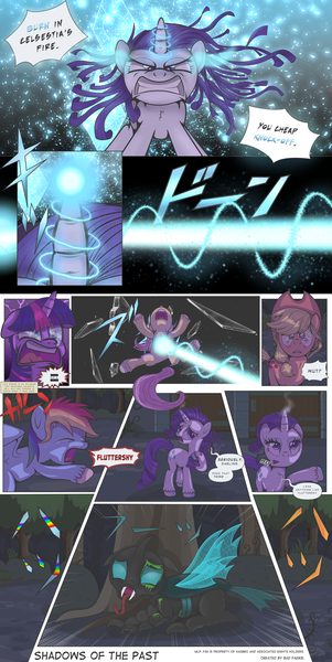 Size: 3000x5972 | Tagged: semi-grimdark, artist:perfectblue97, derpibooru import, fluttershy, rainbow dash, rarity, twilight sparkle, changeling, earth pony, pegasus, pony, unicorn, comic:shadows of the past, blast, blood, censored vulgarity, comic, disguise, disguised changeling, everfree forest, green blood, injured, magic, magic beam, magic blast, speech bubble, unicorn twilight, vulgar