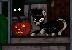 Size: 2847x1983 | Tagged: safe, artist:newyorkx3, derpibooru import, oc, oc:tommy junior, unofficial characters only, earth pony, pony, colt, door, fangs, halloween, holiday, house, jack-o-lantern, male, night, pumpkin, speed draw, stairs, traditional art, window
