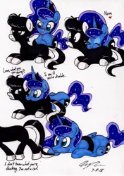 Size: 1348x1912 | Tagged: safe, artist:newyorkx3, derpibooru import, princess luna, oc, oc:tommy junior, alicorn, earth pony, pony, behaving like a cat, engrish, simple background, traditional art, unamused, white background