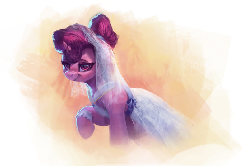 Size: 3000x2000 | Tagged: safe, artist:vanillaghosties, derpibooru import, sugar belle, pony, unicorn, the big mac question, abstract background, clothes, cute, dress, female, lidded eyes, looking at you, mare, raised hoof, smiling, solo, sugarbetes, wedding dress