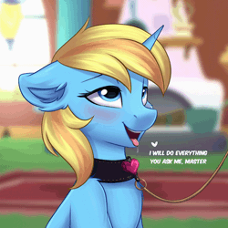 Size: 700x700 | Tagged: suggestive, artist:luisthepony, artist:sonigiraldo, derpibooru import, oc, oc:skydreams, unofficial characters only, pony, unicorn, animated, blinking, blushing, collar, commission, dominant pov, drool, female, femsub, gif, heart, leash, looking up, mare, master, open mouth, panting, pet play, pet tag, pony pet, speech, submissive, talking, text, tongue out, ych result