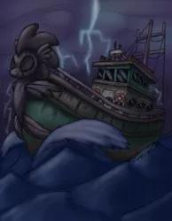 Size: 788x1014 | Tagged: artist:cazra, boat, derpibooru import, fallout equestria, fallout equestria: project horizons, fanfic art, lightning, ocean, safe, sea pony, storm, the seahorse, wave